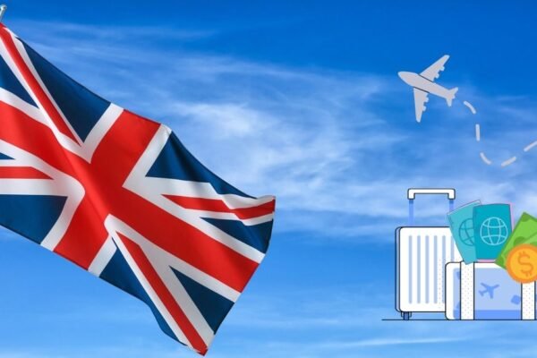 Uk Flag, Passport And Airplane Icons On A Blue Sky Background