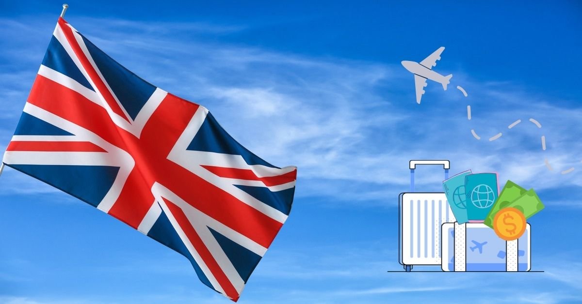 Uk Flag, Passport And Airplane Icons On A Blue Sky Background